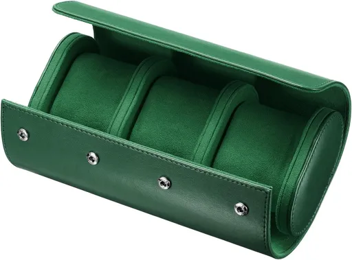 Leather Watch Travel Case Single Watch Roll Storage Box Organizer for Men Women Holding Storaging Displaying, 3 Slot, Green