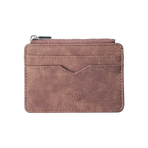 2 Pcs Brown Men's Slim Frosted PU Leather Card Holder Wallet with Zip Coin Pocket Multi-Card ID Case