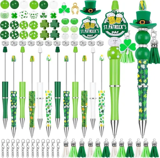12 Set St Patricks Day Beadable Pens Plastic Bead Pens Clover Green Bulk Ballpoint DIY Crafting Pens Making Kit with Pendants Lobster Clasps for Students Teens School Office Supplies