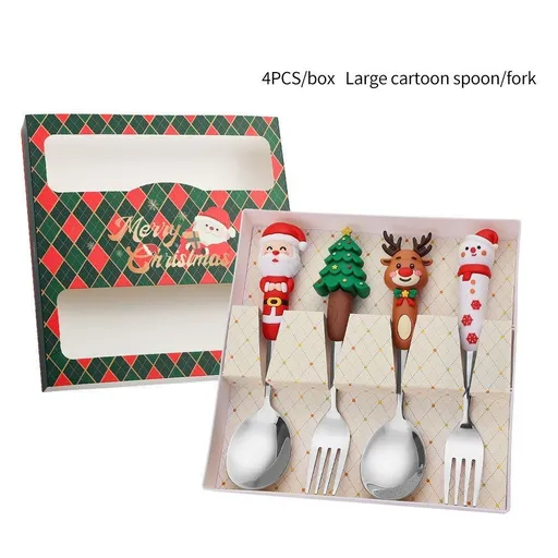 Christmas Spoon and Fork Gift Set 3D Cartoon Handle Stainless Steel 2 Piece Silver