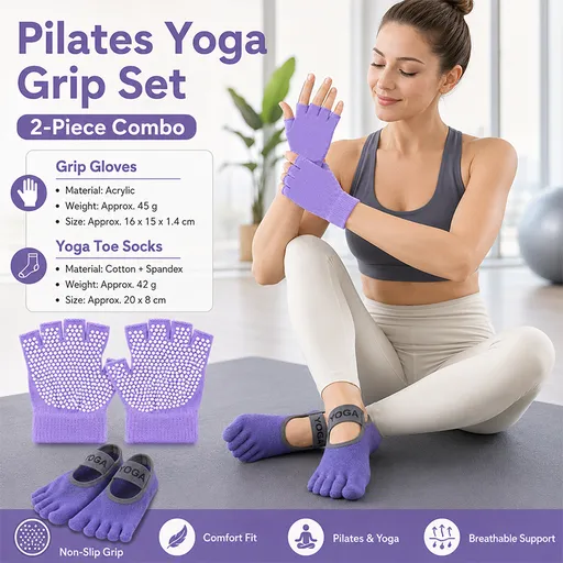 Purple Yoga Gloves and Five Toe Socks Set - Acrylic Knit Half Finger Gloves with Silicone Dots, Cotton Blend Non-Slip Socks for Pilates, Dance, and Indoor Fitness Training