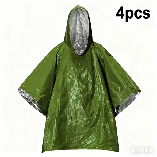 4pcs Emergency Poncho and Mylar Blanket Liner - Waterproof, Wind-Resistant Outdoor Rain Poncho for Camping, Emergencies,Expand size 100 * 130cm(military green）