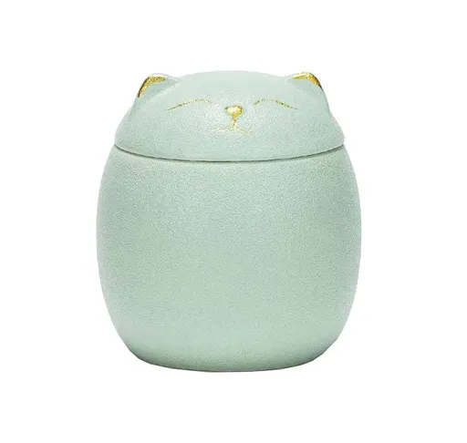Smiley Cat Shaped Pet Urn for Ashes - Memorial Urn for Cats Dogs, Pet Cremation Urn with Ceramic Head Lid, Keepsake for Cat Ashes - Green - Size S