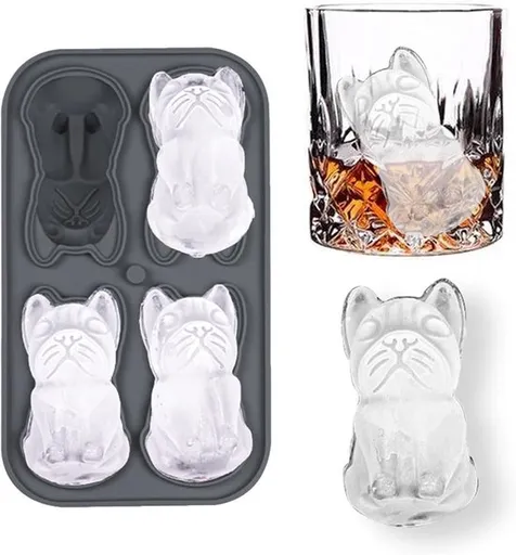 3D French Bulldog Ice Cube Mold - With Integrated Funnel - Cute Dog Shape - Silicone & Easy De-molding
