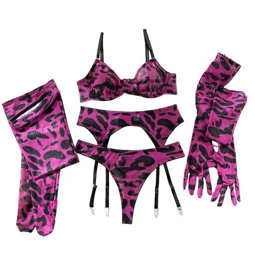 House Of Dasein Leopard Print Sexy Bra Gloves And Thigh High Socks Set For Women - Purple Leopard Print - M