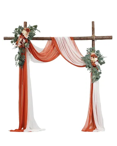 Orange Artificial Wedding Arch Flower Kit with Sheer Drapes (4-Piece Set) - 2 Floral Arrangements & 2 Drape Panels for Ceremony Arch, Reception Backdrop & Bouquet Decor