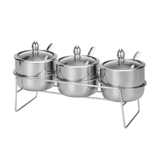 304 Stainless Steel Silver Seasoning Jar | 270ml Large Capacity with Visible Glass Lid, Dustproof & Moisture-Proof with Spoon Holder, First Choice for Kitchen Luxury Storage/Silver combination of 3 loading bridges (complimentary spoons)