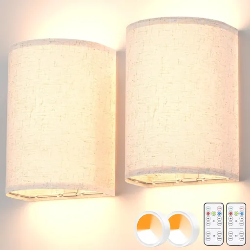 Battery Operated Wall Sconces Set of Two, Rechargeable Wall Lamp with Remote, 3 Colors Dimmable Fabric Wireless Sconces Wall Decor Set of 2 with Timer for Bedroom Living Room