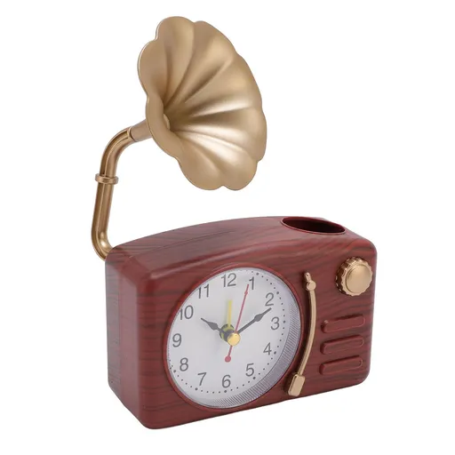 Vintage Gramophone Alarm Clock Plastic Simulated Phonograph Battery Operated Decorative Desk Clock for Bedside Office Wood Grain Color