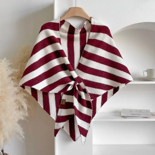 Red Striped Women's Triangle Shawl Cape - Soft Knit Faux Cashmere Poncho Wrap, Lightweight Warm Pullover for Office Travel & Daily Wear