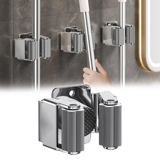 1 Pack Wall Mount Broom Holder, stainless steel mop and tool organizer with screws for kitchen and garage, Silver, 2.05 x 1.77 x 1.38 inches