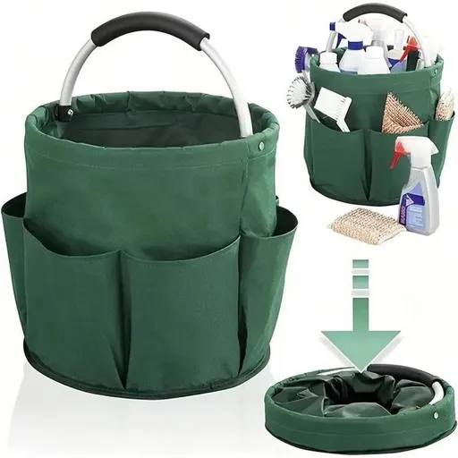 Foldable Handheld Storage Bucket with 6 Pockets, Oxford Garden Tool & Picnic Organizer Tote—Green