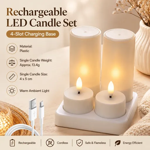 LED Rechargeable Flameless Candle Night Light Set (4 Units, with Lampshade)– USB Charging Decorative Tea Light Ambient Lighting for Christmas & Home Decor