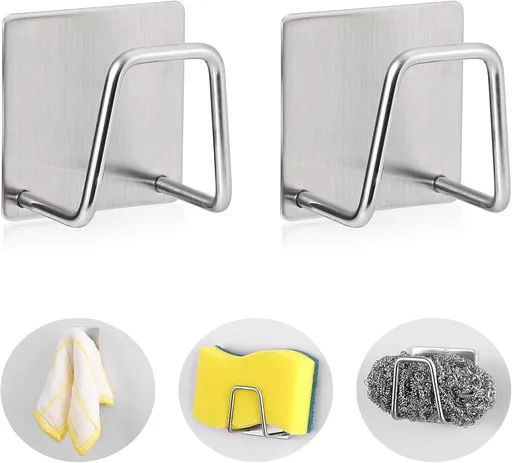 2-Pack Stainless Steel Sponge Holder for Kitchen Sink - Rustproof Brushed SUS304 Sponge Caddy Organizer, Wall/Surface Mount, Drainage Design, Clutter-Free Storage