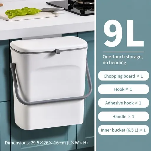 Cabinet Hanging Trash Can With Handle & Inner Bucket, Hook Style Mount, 9L, White, Portable Household Waste Bin For Bathroom, Versatile Home Gift