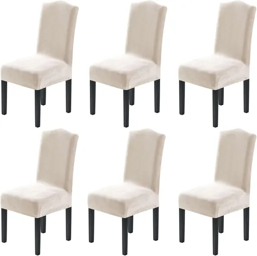 Dining Chair Covers Velvet Stretch Chair Covers for Dining Room Set of 6 Parson Chair Slipcovers Chair Protectors Covers, Soft Thick Solid Velvet Fabric Washable, Ivory