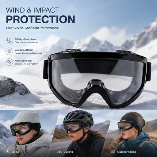 Caring Gift Anti-Fog Sports Goggles Wind Shield, Black Frame Clear Anti-Fog