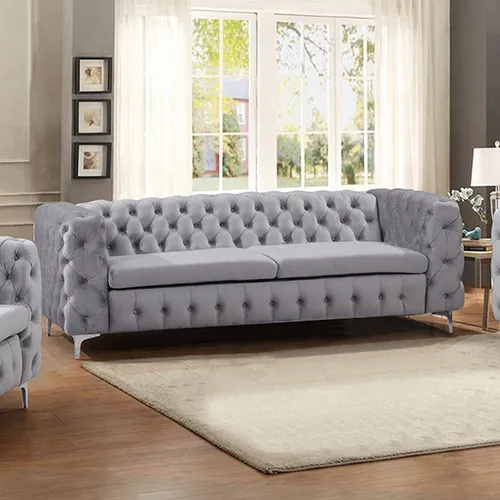 3 Seater Sofa Classic Button Tufted Lounge Grey Velvet Fabric Metal Legs