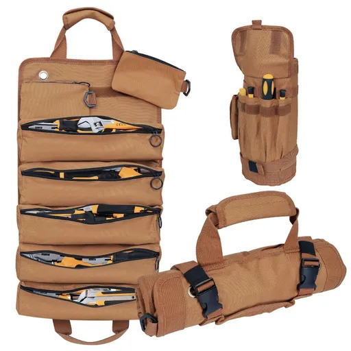 Portable Foldable Roll Up Tool Bag, Heavy Duty Tool Organizer Bag with 5 Compartments & 2 Detachable Pouches for Tools Storage, Waterproof Tool Roll Bag for Dad Men Electrician Mechanic Gifts - Brown - Size 21.3*12.6in