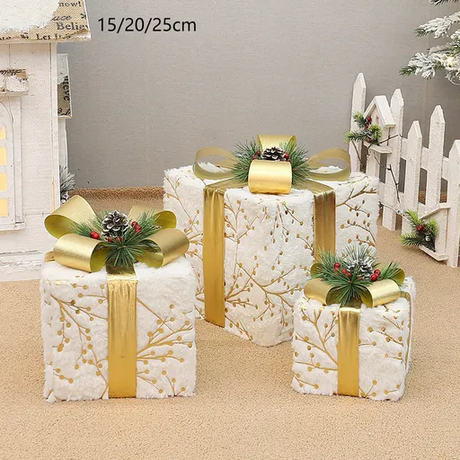 Set of 3 Decorative Christmas Gift Boxes with Gold Ribbon and Pine Accents 15cm 20cm 25cm