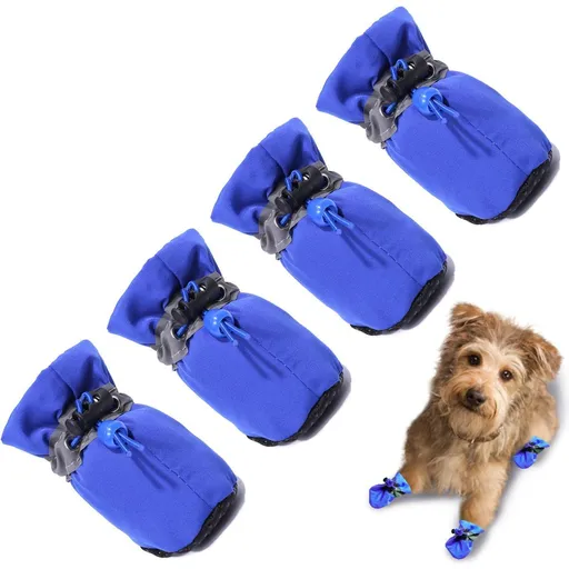 4PCS Dog Boots Paw Protector, Anti-Slip Winter Dog Shoes with Reflective Straps for Small Medium Dogs - Blue - Size 4