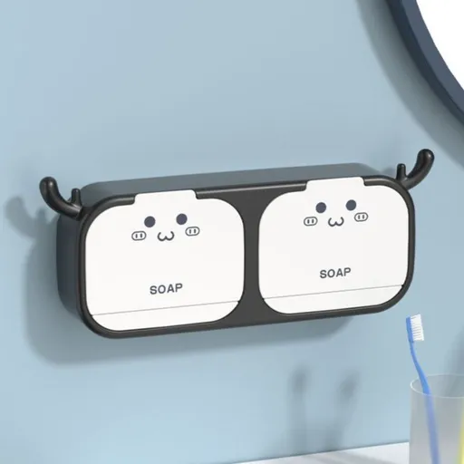 Cute Antler Soap Dish, No-Drill Wall-Mounted Soap Holder with Lid, Drainage Design, Double Compartment - Black