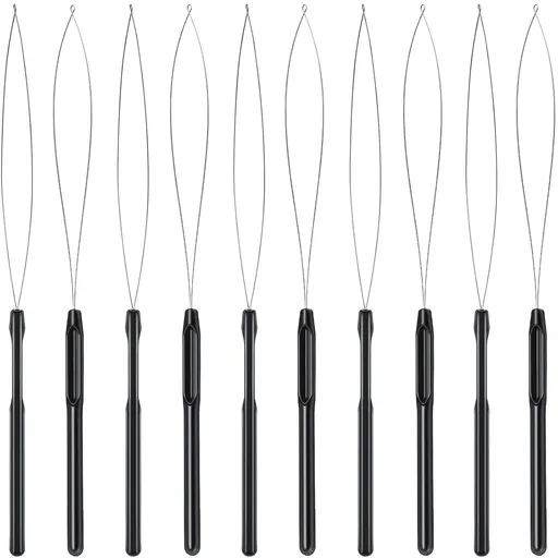 10 Piece Hair Extension Loop Needle Threader Tool Black Plastic Handle for Hair Extensions