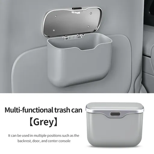 Car Trash Can Hanging Rubbish Bin with Lid Waterproof Leather Vehicle Organiser Storage Box for Door Seat Back Console Grey