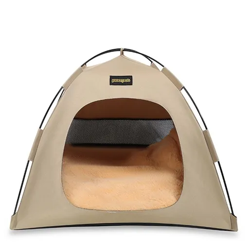 Khaki All-Weather Portable Pet Tent with Dual-Sided Cushion & Insect-Proof Mesh – S Size 40 x 40 x 35 cm, Waterproof & Sun-Proof Outdoor Four Corner Dome Kennel for Dogs & Cats Travel Camping