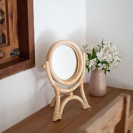 Rattan Vanity Mirror with 360° Rotating Stand, Portable Makeup Mirror for Women, Stylish Design for Dressing Table