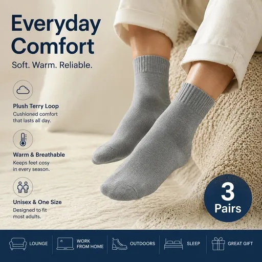 Light Grey Wool Lined Thermal Socks Unisex Thick Terry Winter Socks 3 Pairs