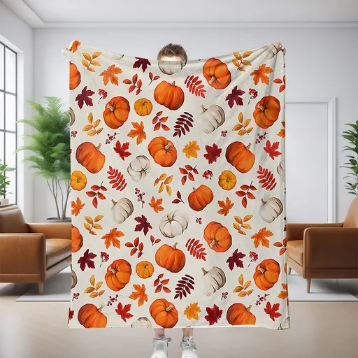 Halloween Throw Blanket Cozy Microfiber Blanket Soft Flannel Throw Festive Home Pumpkin Leaves - White - Size 180cm*200cm