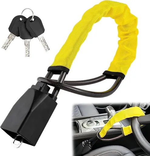 Car steering wheel lock for seat belts, Robust universal steering wheel lock, visibility car lock, Theft protection, 3 keys yellow, 72 cm