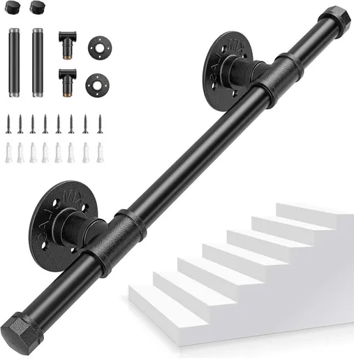 Black Industrial Pipe Handrail Wall Mounted for Indoor Stairs Modern Design, 50 cm