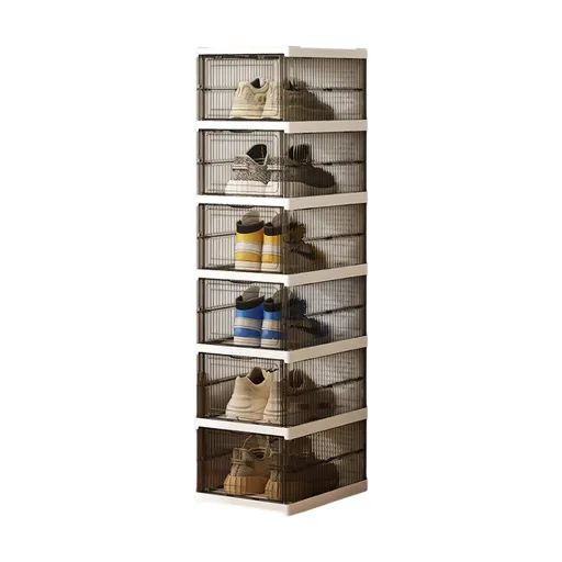 Transparent Grey 6-Layer Foldable Shoe Storage Tower with Transparent Display Panel & Back Ventilation - One-Pull Instant Setup Stackable Box (25.5x34.5x105CM)