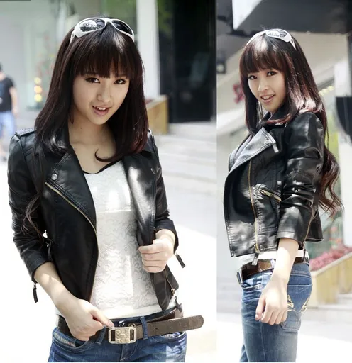 Women PU Leather Jacket Lapel Korean Style Black with cotton Size: S; Height (cm): 155-160; Weight (kg): 45-50; Bust (cm): 82-86; Waist (cm): 66-70; Shoulder width (cm): 37; Length (cm): 58