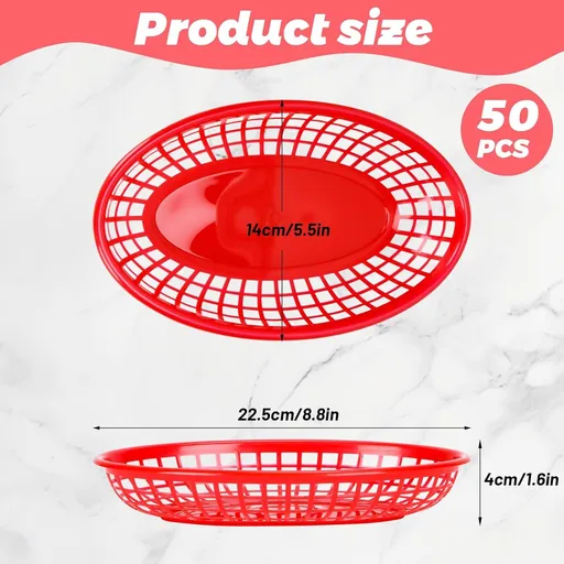 50 Pack Fast Food Baskets, Plastic Fast Food Restaurant Baskets, Bread Fry Baskets Serving Tray for Hot Dogs, Chicken, Burgers