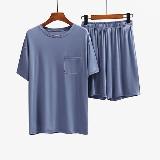 Men Undisciplined Summer Home Wear Short Sleeve... Haze blue short sleeve + Haze blue shorts XXXL