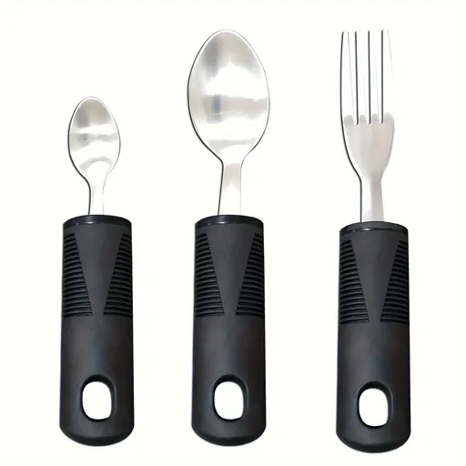 3pcs Stainless Steel Adaptive Tableware Set with Rubber Grip Handles - Anti-Shake, Rehabilitation Food Aid Fork & Spoon for Disabled 3pcs
