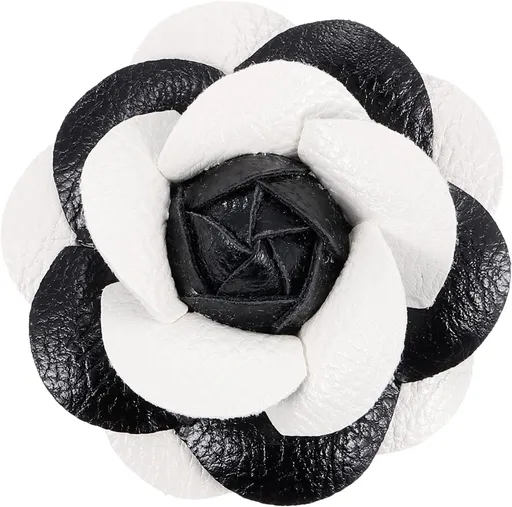 Flower Hair Clips, Camellia Hairpin Floral Brooches Pin Handmade Leather Brooch for Lady Bridal Women Hat Dress Black White -