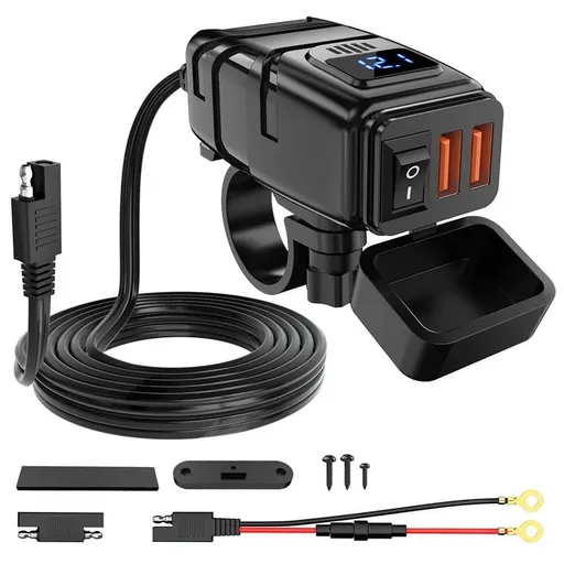Motorcycle USB Charger, 6.8A Quick Charge 3.0 Dual USB Motorcycle Phone Charger with Voltmeter & ON/ Switch