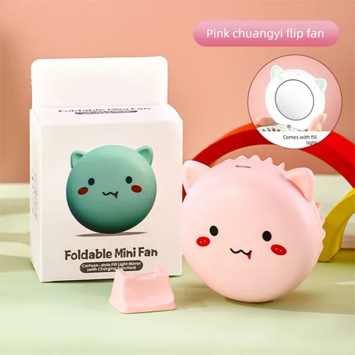 Pink 3-in-1 Mini Portable Fan with Makeup Mirror and LED Fill Light USB Rechargeable Pocket Sized Cooling Solution for Students and Local Professionals