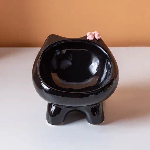 Black Ceramic Elevated Cat Bowl Tilted Raised Pet Feeder with Anti-Slip Base Cute Design for Wet or Dry Food Ideal for Australian Pets