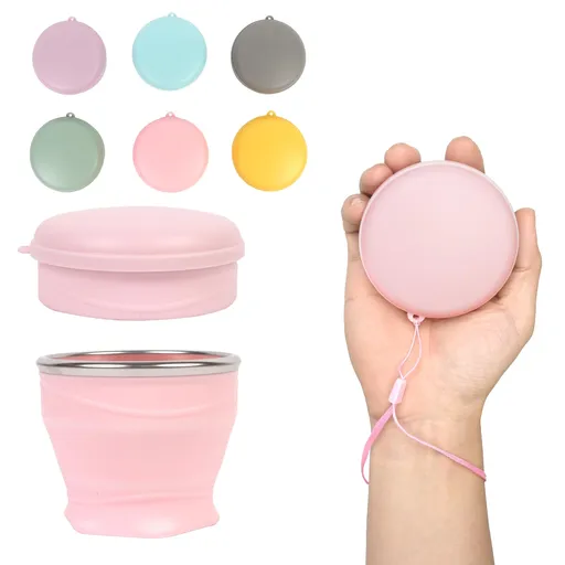 Collapsible Silicone Travel Cup with Lid and Carry Lanyard, Reusable for Hot and Cold Drinks, Camping and Daily Commuting, Pink