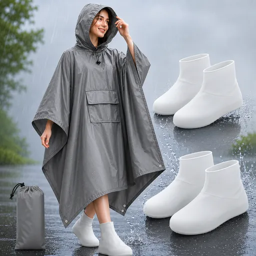 3-in-1 Grey Camping Rain Poncho / Outdoor Shelter Tarp / Ground Sheet (82.7 x 55 inch) with 2 Pairs Rain Shoe Covers - Large Backpack Coverage, Drawstring Hood and Carry Bag for Hiking Trekking Cycling Use