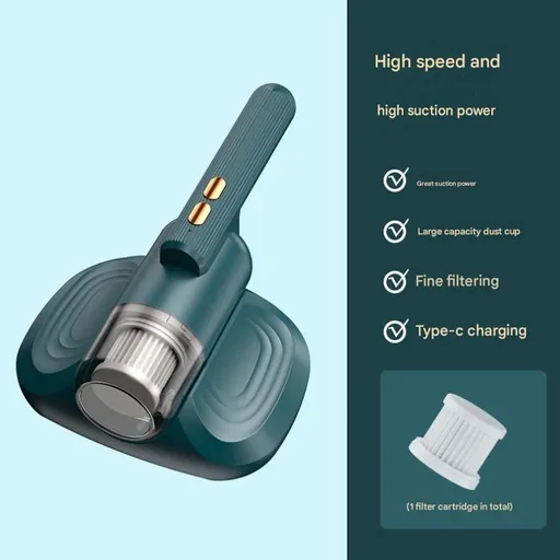 Green Cordless Handheld Mite Removal Vacuum - 10KPA Suction, UV Blue Light, 200ML Dust Cup, 3-Stage Filtration - Portable Cleaner for Bed, Sofa & Carpet