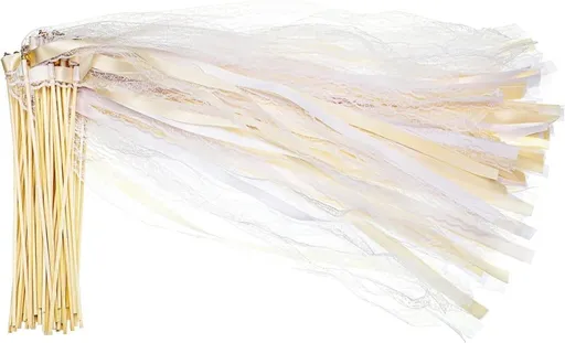 30 Pack Wedding & Party Decor Satin & Lace Ribbon Wands with Bells, 30cm Light Orange