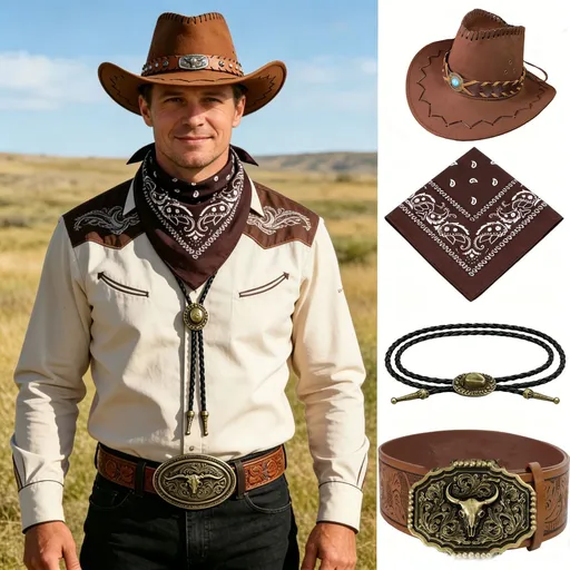 4-Piece Men's Western Cowboy Costume Set - PU Cowboy Hat with Bandana, Bolo Tie and Belt for Cosplay and Themed Parties