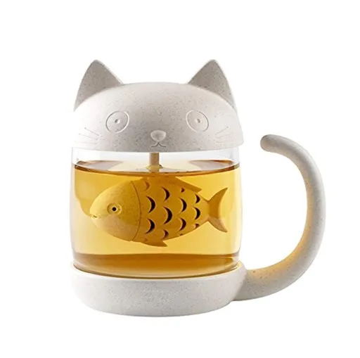 Cute Cat Glass Cup Tea Mug With Fish Tea Infuser Strainer Filter Cat Tea Cup Cute Tea Pot with Fish Tea Infuser
