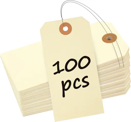100 Pcs Manila Tags Blank Shipping Tag with Wire Attached 4.7 Inch Paper Hang Tag with Reinforced Eyelet Large Marking Writable Price Tags Inventory Label, 4.7" x 2 3/8"